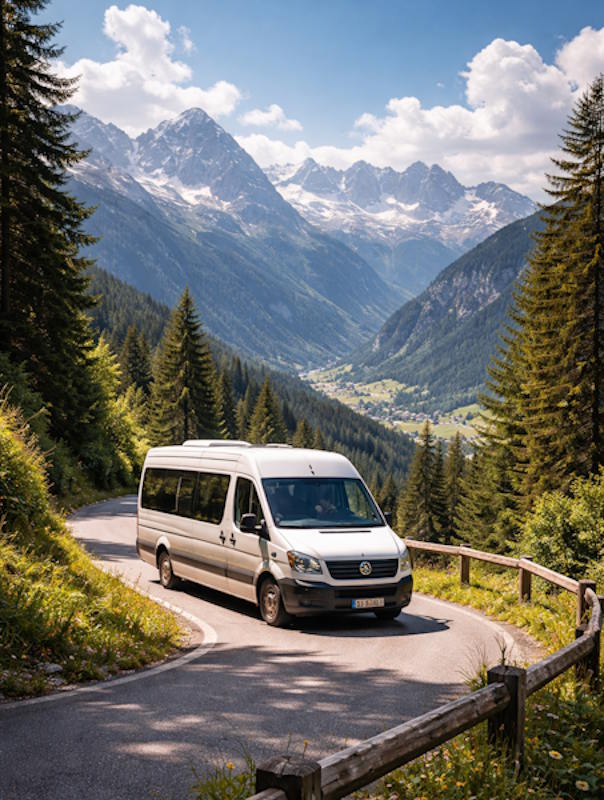 Minibus blan sur une route de montage